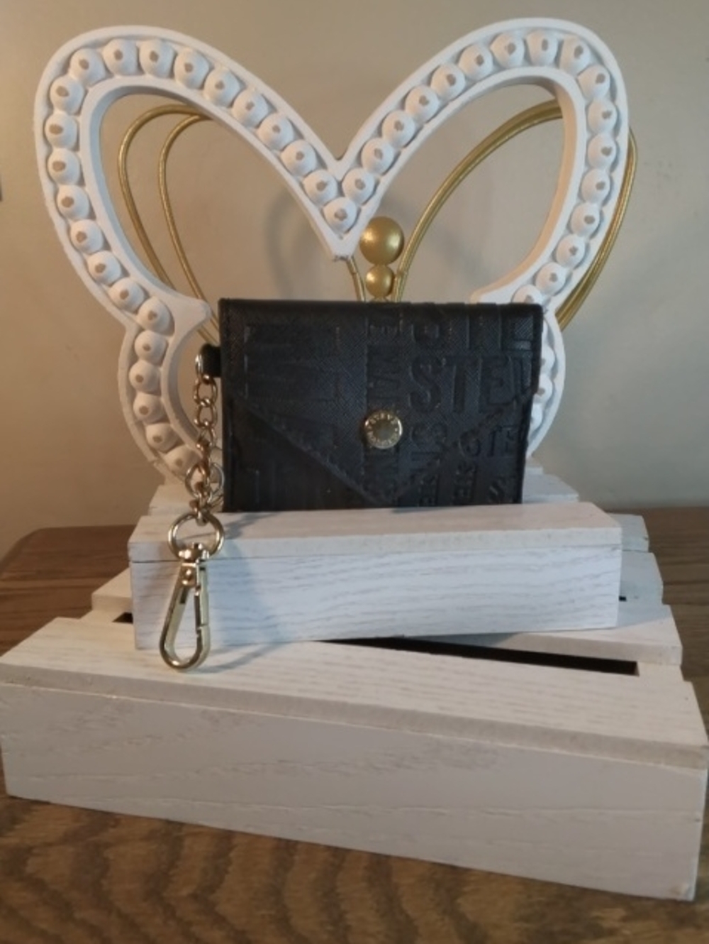 Black Embossed Leather Key Wallet with Gold Hardware